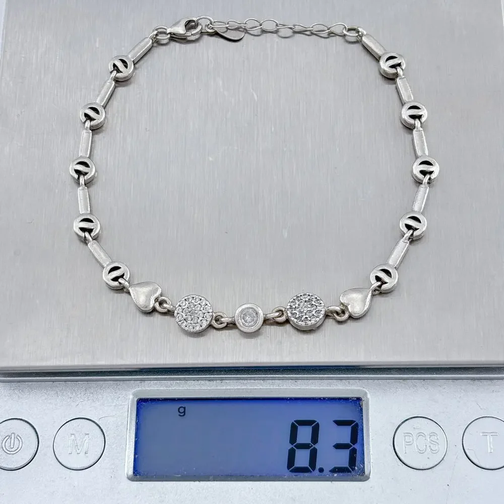 Vintage Sterling Silver 925 Cubic Zirconia Heart Bracelet 7-8